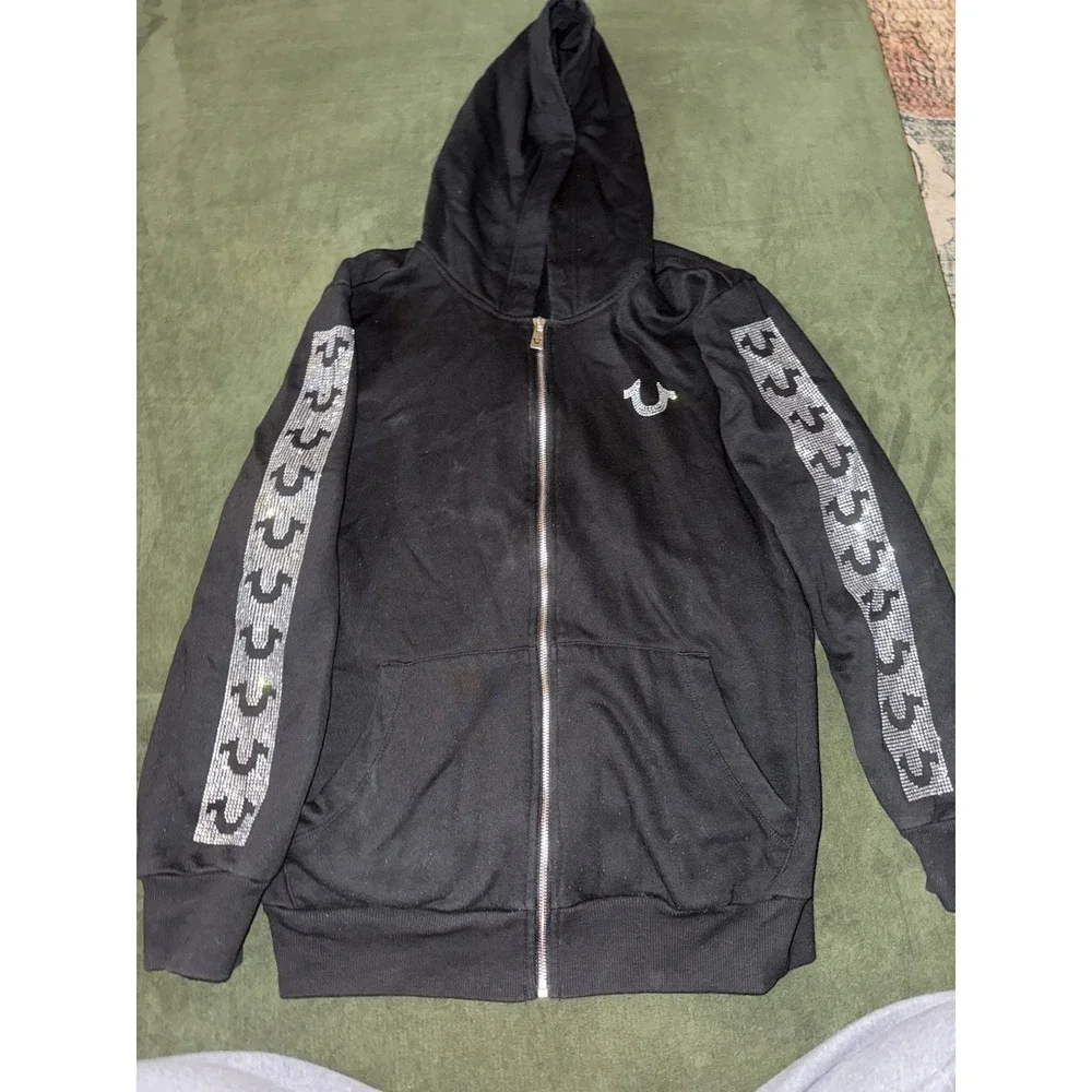 True Religion Black Logo Full Zip Up Crystal Rhinestone Hoodie‎ Mens Size Small